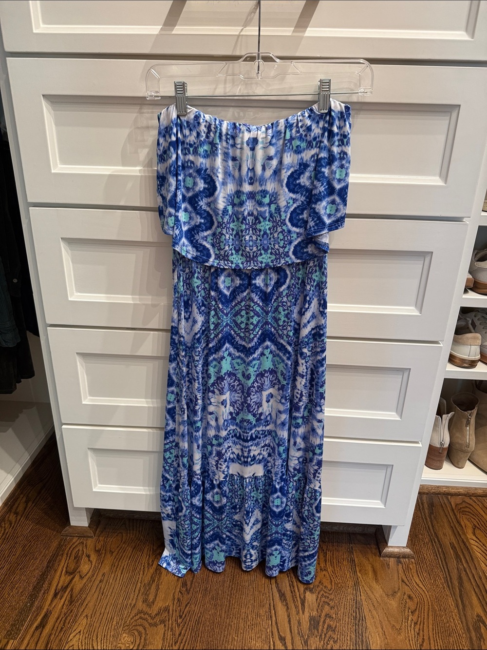 Veronica M Blue and White Strapless Maxi Dress